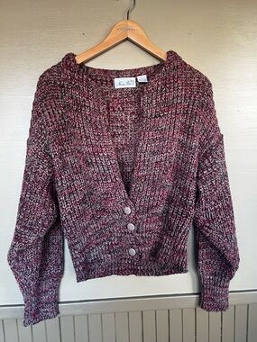 Naomi Bee Chunky-knit wide sleeve Marled Burgundy Button-Front Made in Korea